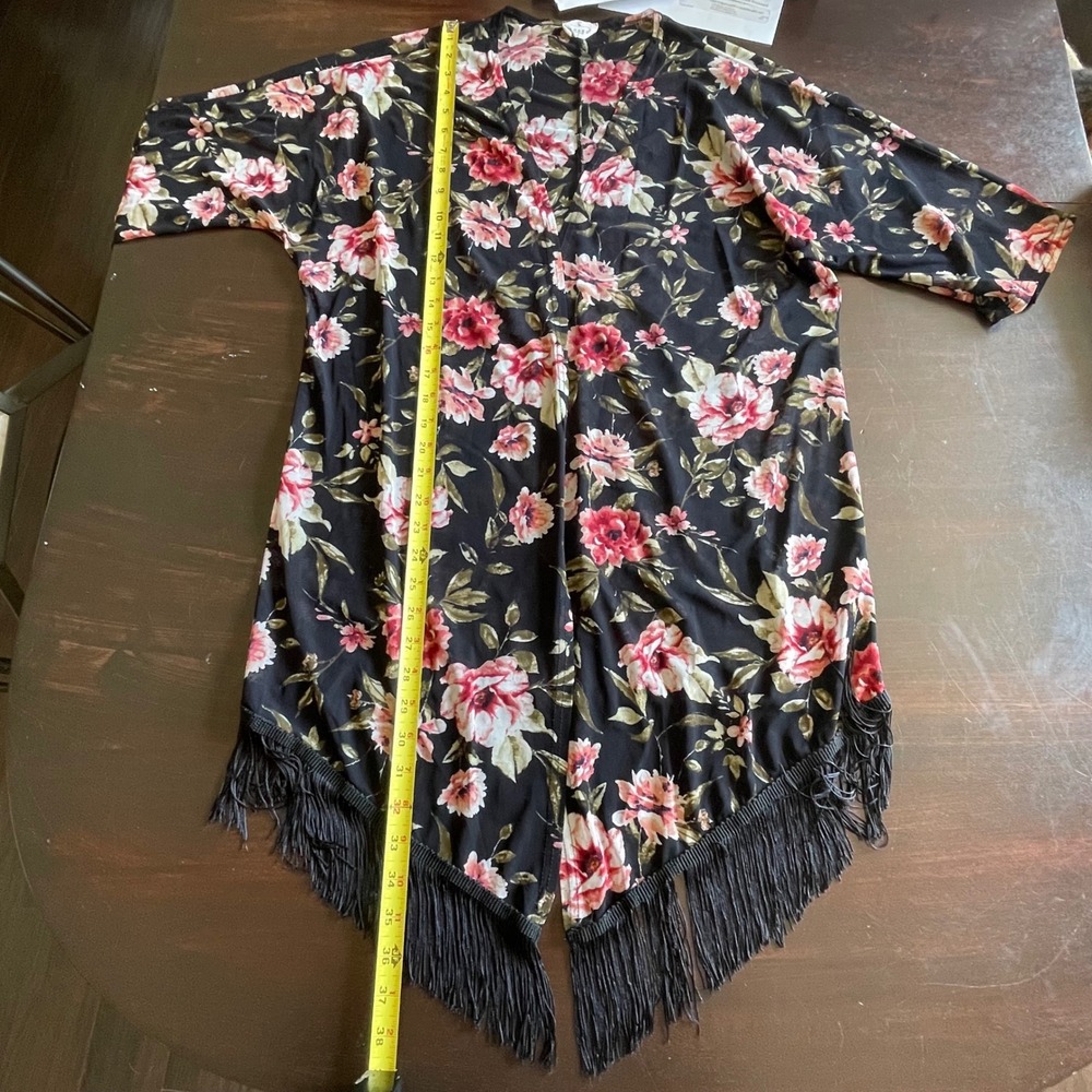 Ember Womens Floral Mesh Kimono Wrap Black Pink Rose Fringe Trim Large - Picture 6 of 6